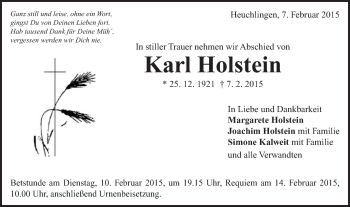 Traueranzeige von Karl Holstein von Gmünder Tagespost