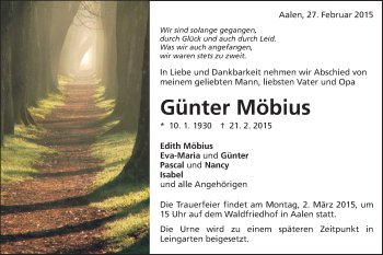 Traueranzeige von Günter Möbius von Schwäbische Post