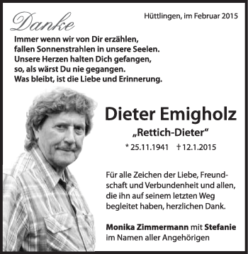 Traueranzeige von Dieter Emigholz von Schwäbische Post