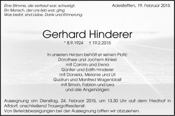 Traueranzeige von Gerhard Hinderer von Gmünder Tagespost