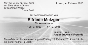 Traueranzeige von Elfriede Metzger von Gmünder Tagespost