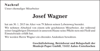 Traueranzeige von Josef Wagner von Schwäbische Post