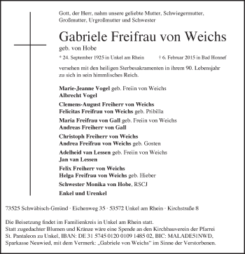 Traueranzeige von Gabriele Freifrau von Weichs von Gmünder Tagespost