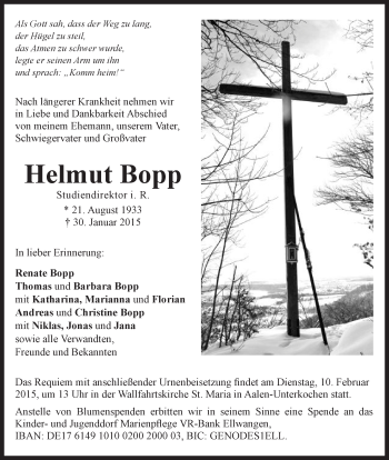 Traueranzeige von Helmut Bopp von Schwäbische Post