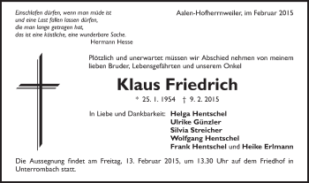 Traueranzeige von Klaus Friedrich von Schwäbische Post