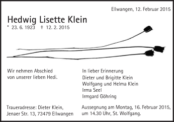 Traueranzeige von Hedwig Lisette Klein von Schwäbische Post