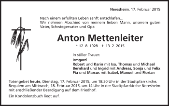 Traueranzeige von Anton Mettenleiter von Schwäbische Post