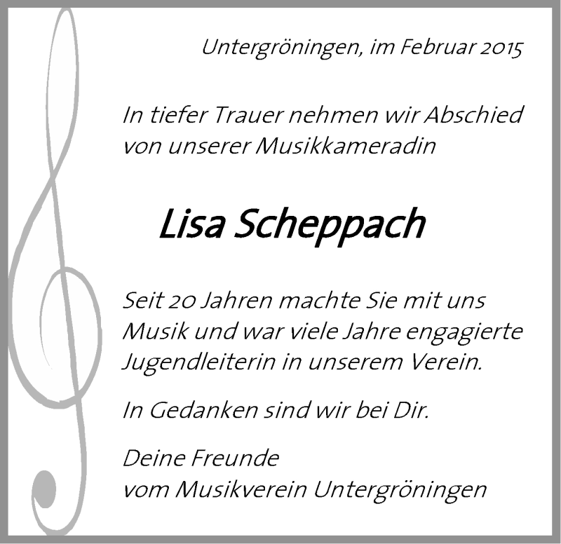  Traueranzeige für Lisa Scheppach vom 18.02.2015 aus Gmünder Tagespost