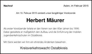 Traueranzeige von Herbert Mäurer von Schwäbische Post