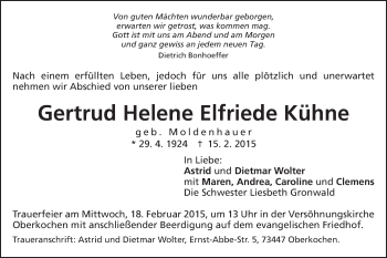 Traueranzeige von Gertrud Helene Elfriede Kühne von Schwäbische Post