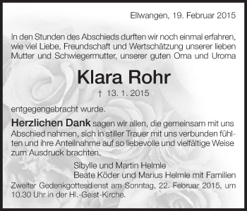 Traueranzeige von Klara Rohr von Schwäbische Post