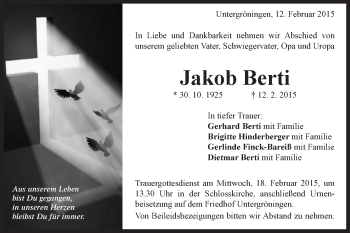 Traueranzeige von Jakob Berti von Gmünder Tagespost