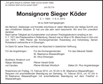 Traueranzeige von Sieger Köder von Schwäbische Post