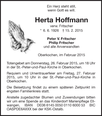 Traueranzeige von Herta Hoffmann von Schwäbische Post