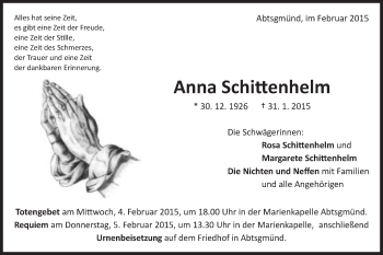 Traueranzeige von Anna Schittenhelm von Schwäbische Post