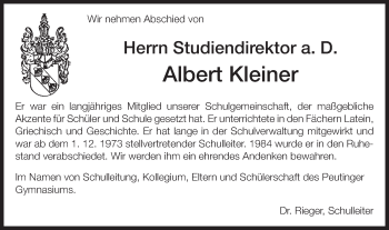Traueranzeige von Albert Kleiner von Schwäbische Post