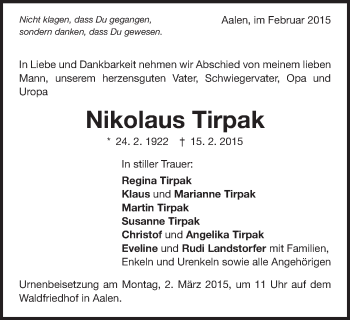 Traueranzeige von Nikolaus Tirpak von Schwäbische Post