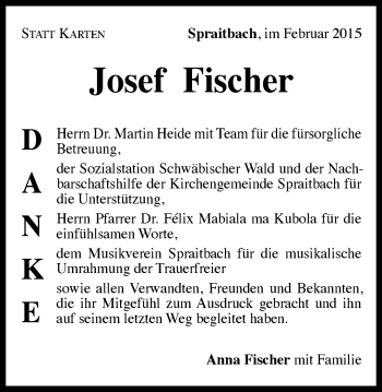 Traueranzeige von Josef Fischer von Gmünder Tagespost