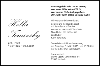 Traueranzeige von Hella Terainsky von Gmünder Tagespost