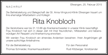 Traueranzeige von Rita Knobloch von Schwäbische Post