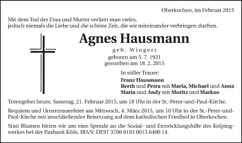 Traueranzeige von Agnes Hausmann von Schwäbische Post