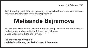 Traueranzeige von Melisande Bajramova von Schwäbische Post