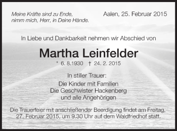 Traueranzeige von Martha Leinfelder von Schwäbische Post