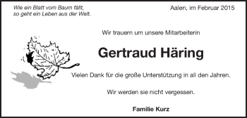 Traueranzeige von Gertraud Häring von Schwäbische Post