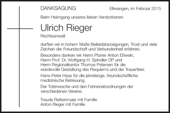 Traueranzeige von Ulrich Rieger von Schwäbische Post