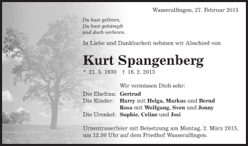 Traueranzeige von Kurt Spangenberg von Schwäbische Post