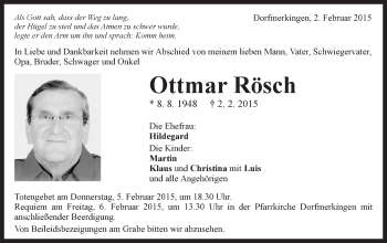 Traueranzeige von Ottmar Rösch von Schwäbische Post