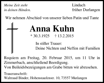 Traueranzeige von Anna Kuhn von Gmünder Tagespost