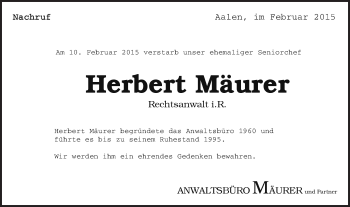Traueranzeige von Herbert Mäurer von Schwäbische Post