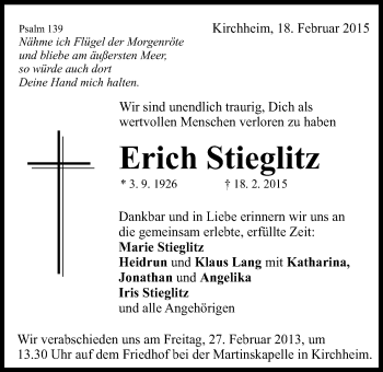 Traueranzeige von Erich Stieglitz von Schwäbische Post