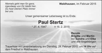 Traueranzeige von Paul Stertz von Gmünder Tagespost
