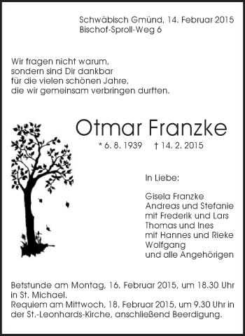 Traueranzeige von Otmar Franzke von Gmünder Tagespost