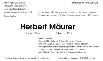 Traueranzeige von Herbert Mäurer von Schwäbische Post