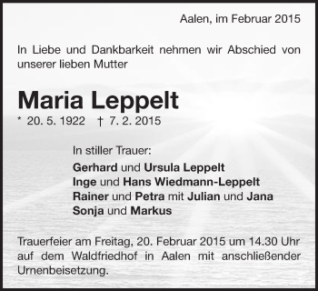 Traueranzeige von Maria Leppelt von Schwäbische Post