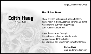 Traueranzeige von Edith Haag von Gmünder Tagespost