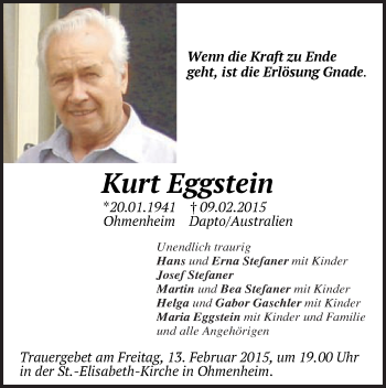 Traueranzeige von Kurt Eggstein von Schwäbische Post