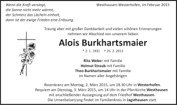 Traueranzeige von Alois Burkhartsmaier von Schwäbische Post