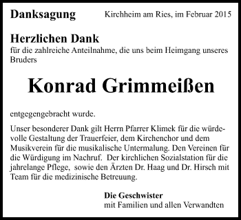 Traueranzeige von Konrad Grimmeißen von Schwäbische Post