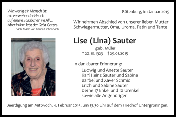Traueranzeige von Lise Sauter von Schwäbische Post