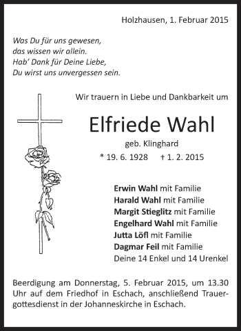 Traueranzeige von Elfriede Wahl von Gmünder Tagespost