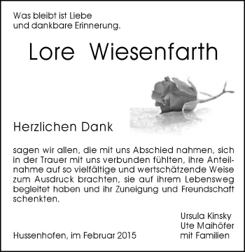 Traueranzeige von Lore Wiesenfarth von Gmünder Tagespost
