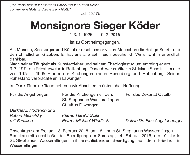  Traueranzeige für Sieger Köder vom 12.02.2015 aus Schwäbische Post