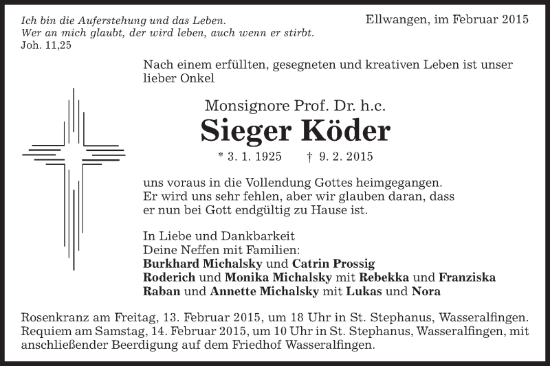  Traueranzeige für Sieger Köder vom 12.02.2015 aus Schwäbische Post