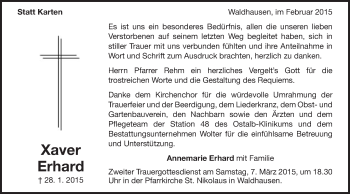 Traueranzeige von Xaver Erhard von Schwäbische Post