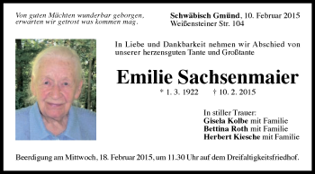 Traueranzeige von Emilie Sachsenmaier von Gmünder Tagespost