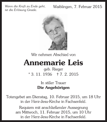 Traueranzeige von Annemarie Leis von Schwäbische Post